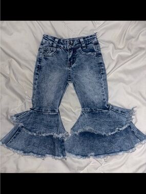Girls' Acid Wash Wide-Leg Ruffle Jeans - Blue